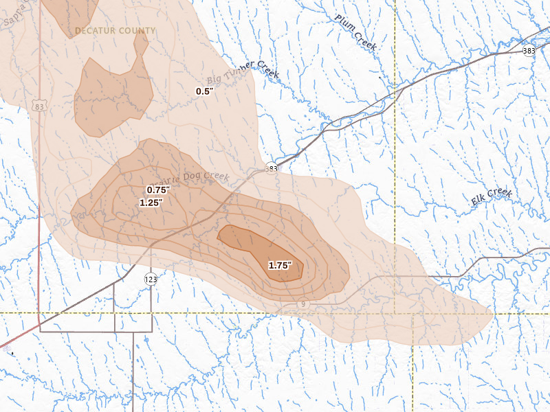 Radar-estimated hail-size map of the storm over Jennings, KS on Aug 25, 2026