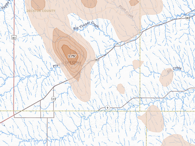 Radar-estimated hail-size map of the storm over Jennings, KS on Aug 27, 2026