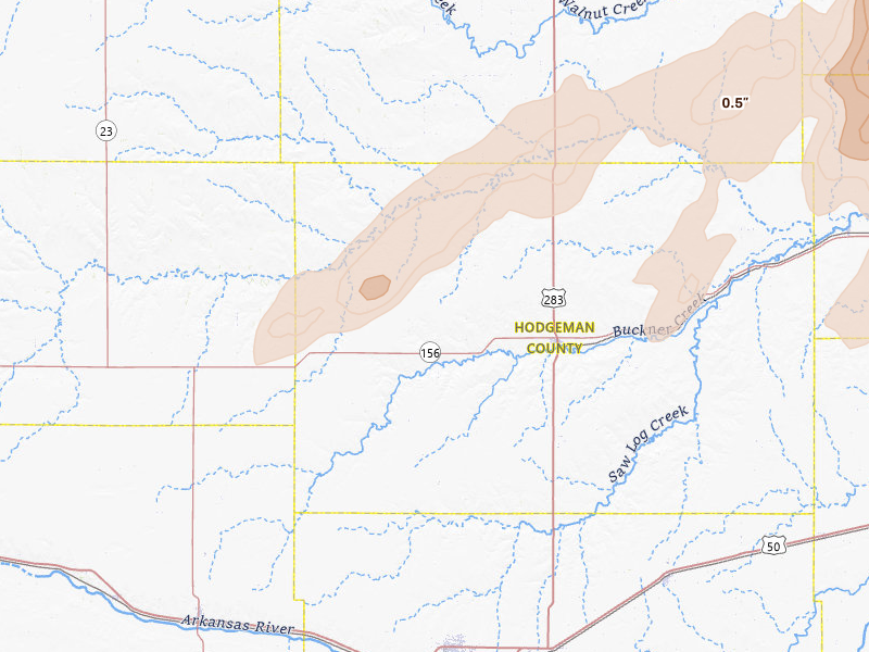 Radar-estimated hail-size map of the storm over Jetmore, KS on May 17, 2026