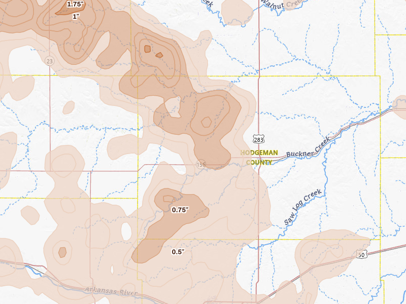 Radar-estimated hail-size map of the storm over Jetmore, KS on Jun 1, 2026