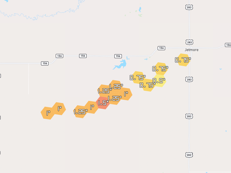Hail map of Jetmore, KS on Jun 9, 2026, hail up to 1.5"