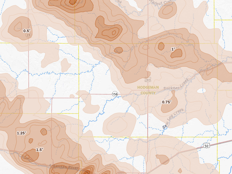 Radar-estimated hail-size map of the storm over Jetmore, KS on Jun 20, 2026