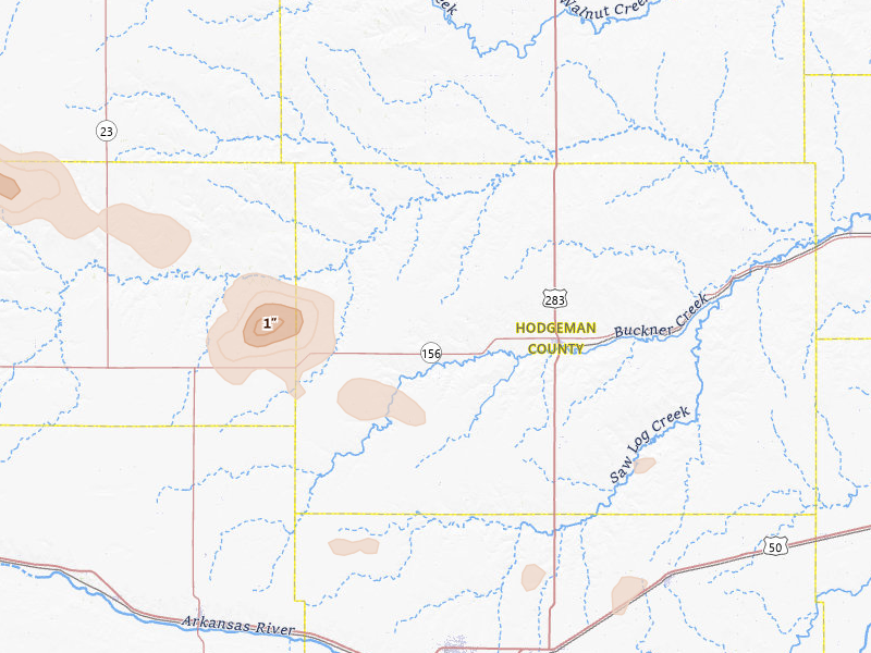 Radar-estimated hail-size map of the storm over Jetmore, KS on Jun 23, 2026