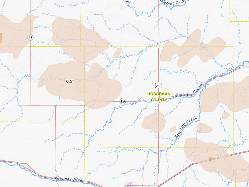 Radar-estimated hail-size map of the storm over Jetmore, KS on Jun 25, 2026