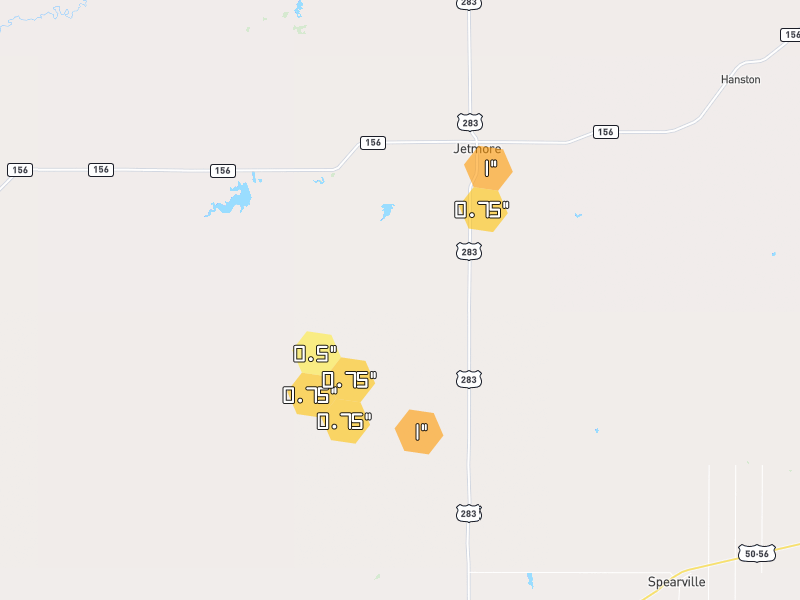 Hail map of Jetmore, KS on Jun 27, 2026, hail up to 1"