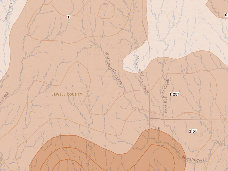 Radar-estimated hail-size map of the storm over Jewell, KS on Jul 3, 2026