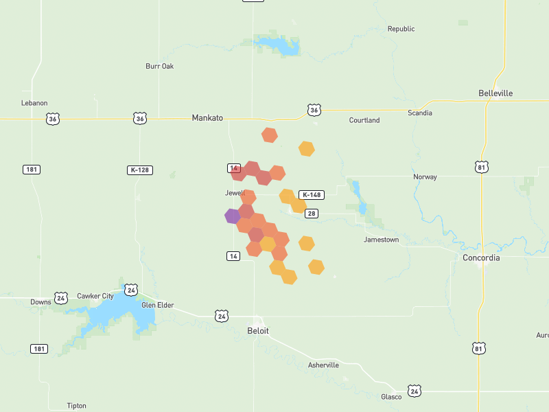 Hail map of Jewell, KS on Jul 4, 2026, hail up to 2.75"