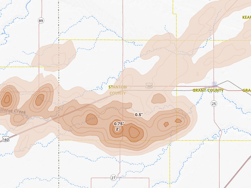 Radar-estimated hail-size map of the storm over Johnson, KS on Jul 2, 2026