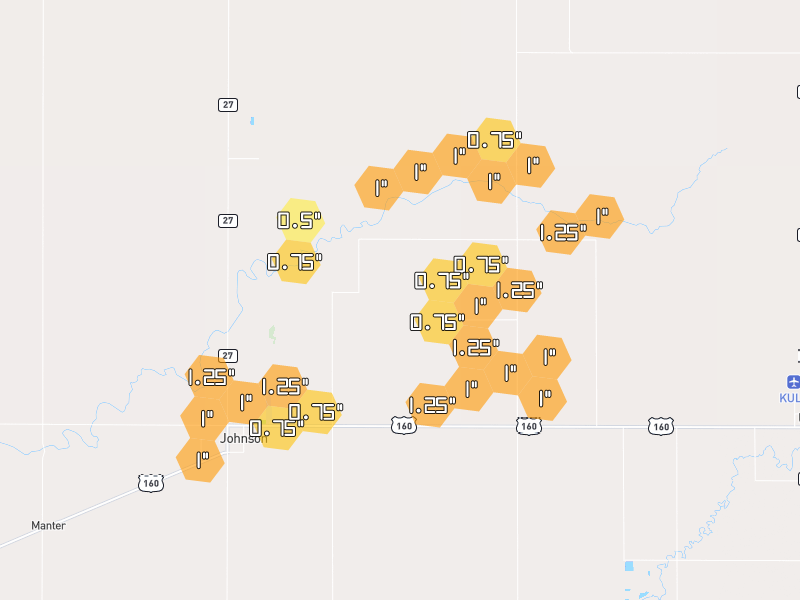 Hail map of Johnson, KS on Jul 2, 2026, hail up to 1.25"