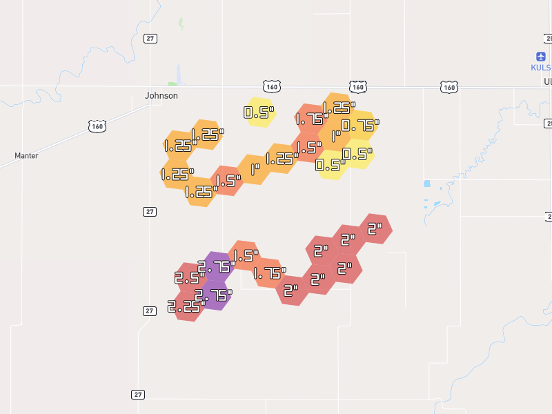 Hail map of Johnson, KS on Jul 3, 2026, hail up to 2.75"