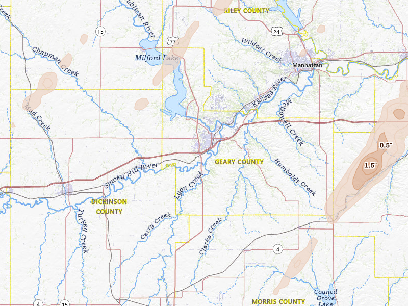 Radar-estimated hail-size map of the storm over Junction City, KS on Mar 5, 2026