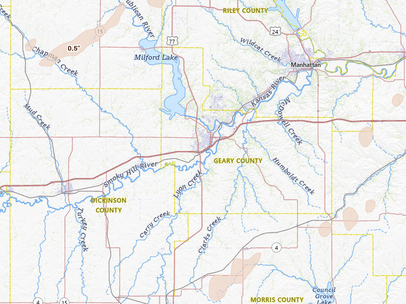 Radar-estimated hail-size map of the storm over Junction City, KS on Mar 6, 2026