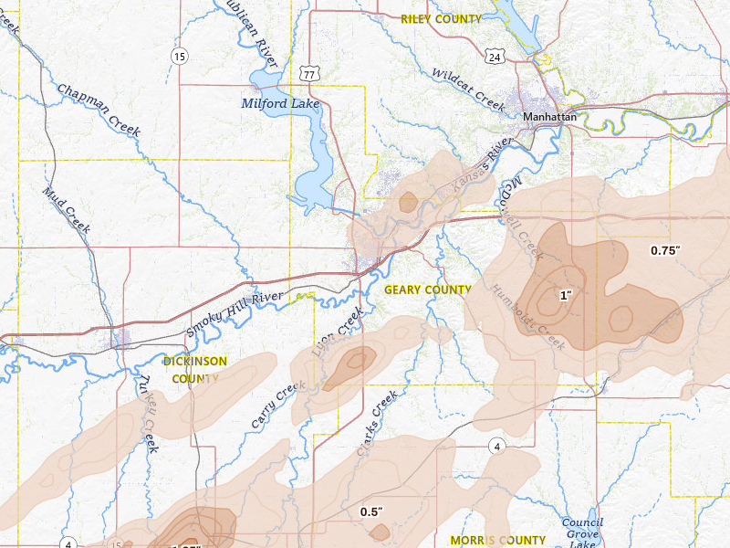 Radar-estimated hail-size map of the storm over Junction City, KS on Apr 23, 2026