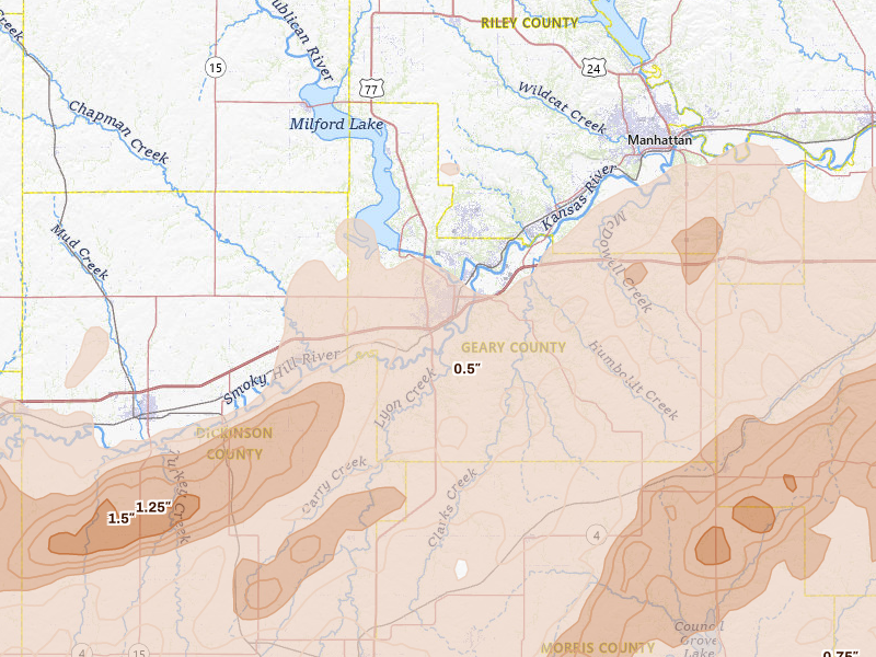 Radar-estimated hail-size map of the storm over Junction City, KS on Apr 26, 2026