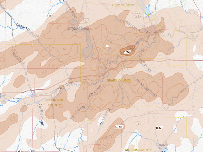 Radar-estimated hail-size map of the storm over Junction City, KS on May 18, 2026