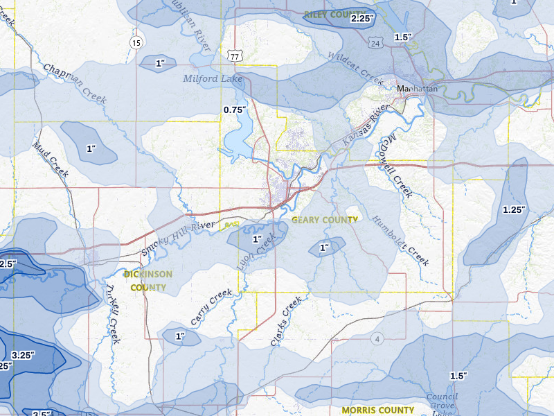 NEXRAD radar-signature map of the hail storm over Junction City, KS on Jun 8, 2026