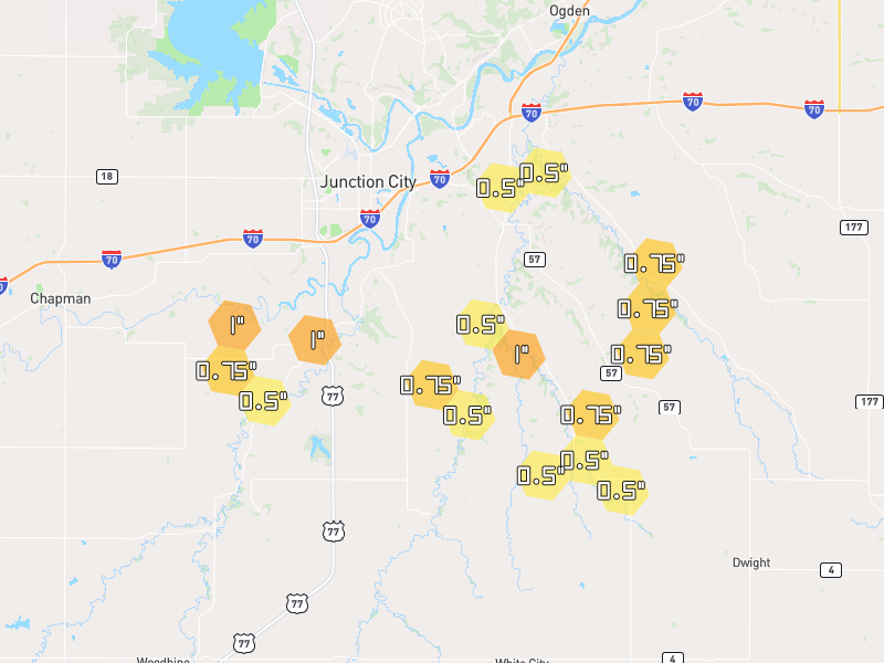 Hail map of Junction City, KS on Jun 9, 2026, hail up to 1"