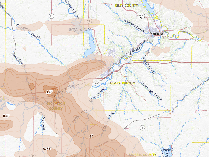 Radar-estimated hail-size map of the storm over Junction City, KS on Jun 10, 2026