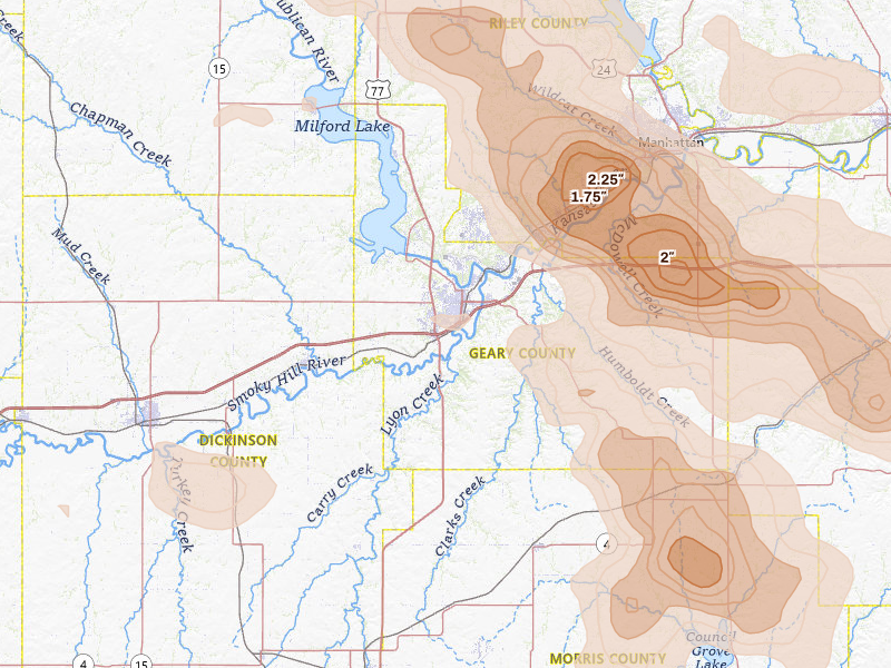 Radar-estimated hail-size map of the storm over Junction City, KS