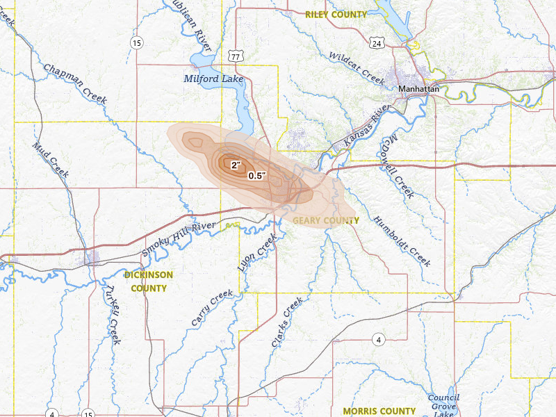 Radar-estimated hail-size map of the storm over Junction City, KS on Jun 24, 2026