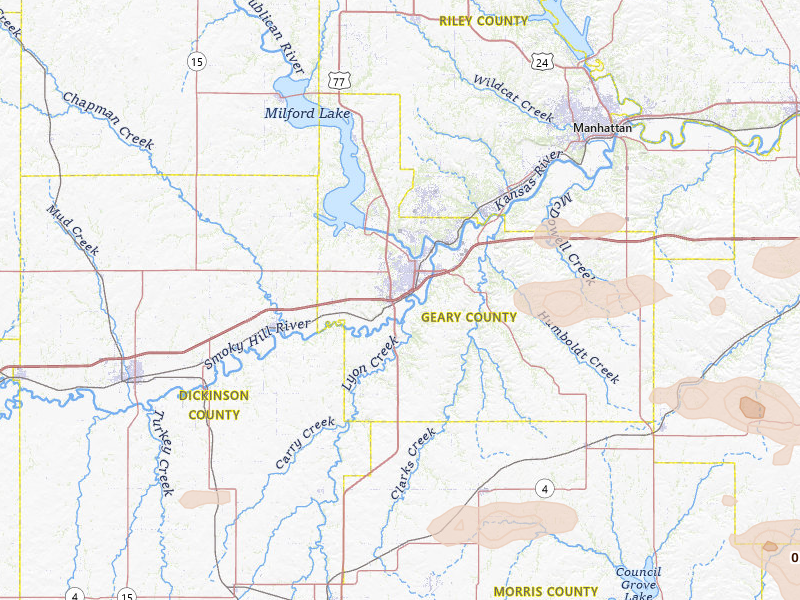 Radar-estimated hail-size map of the storm over Junction City, KS on Jul 4, 2026