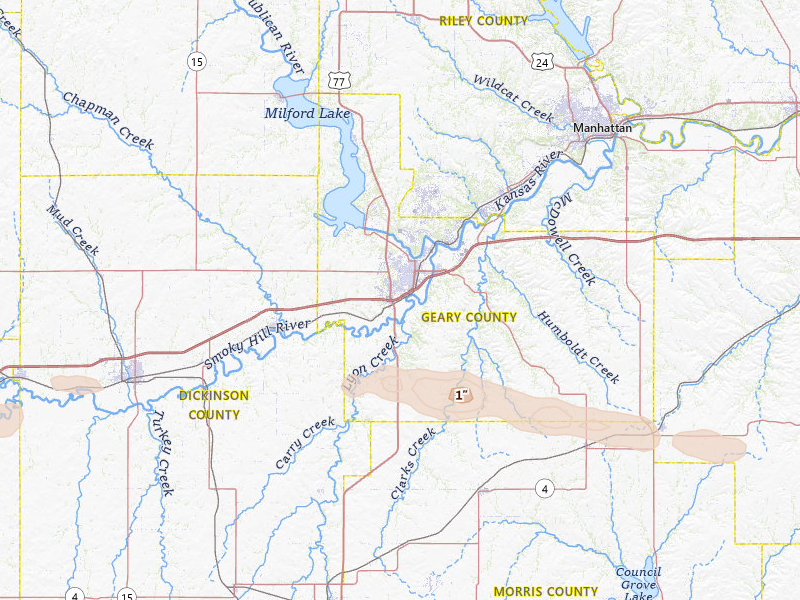 Radar-estimated hail-size map of the storm over Junction City, KS on Jul 23, 2026