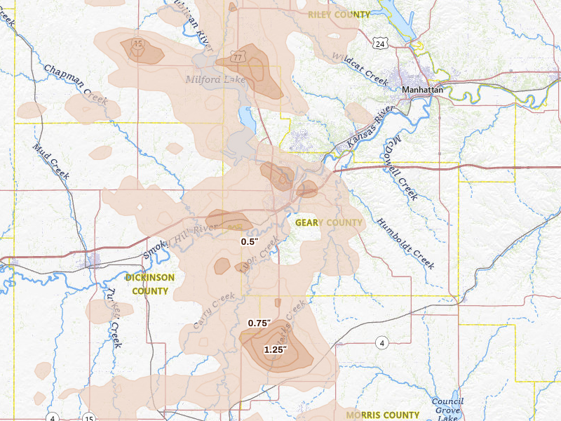 Radar-estimated hail-size map of the storm over Junction City, KS on Aug 6, 2026