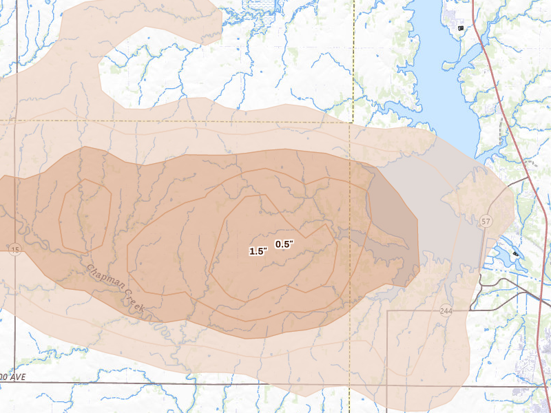 Radar-estimated hail-size map of the storm over Junction City, KS on Aug 18, 2026