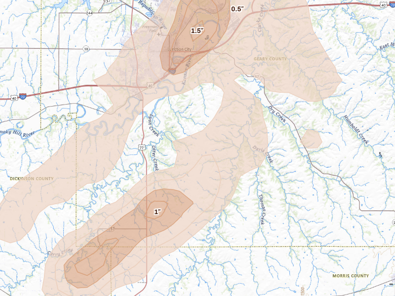 Radar-estimated hail-size map of the storm over Junction City, KS on Sep 19, 2026
