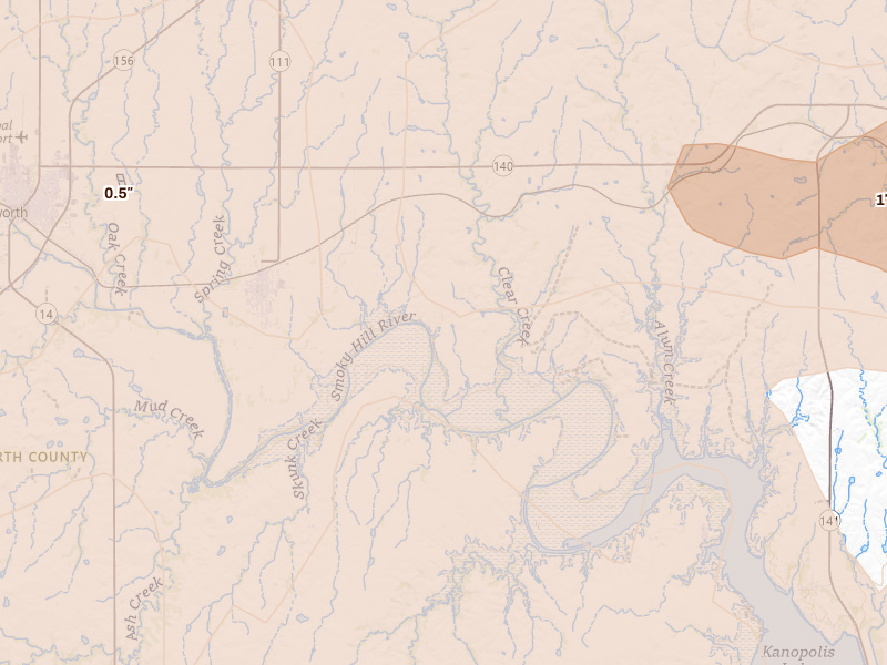 Radar-estimated hail-size map of the storm over Kanopolis, KS on Apr 26, 2026