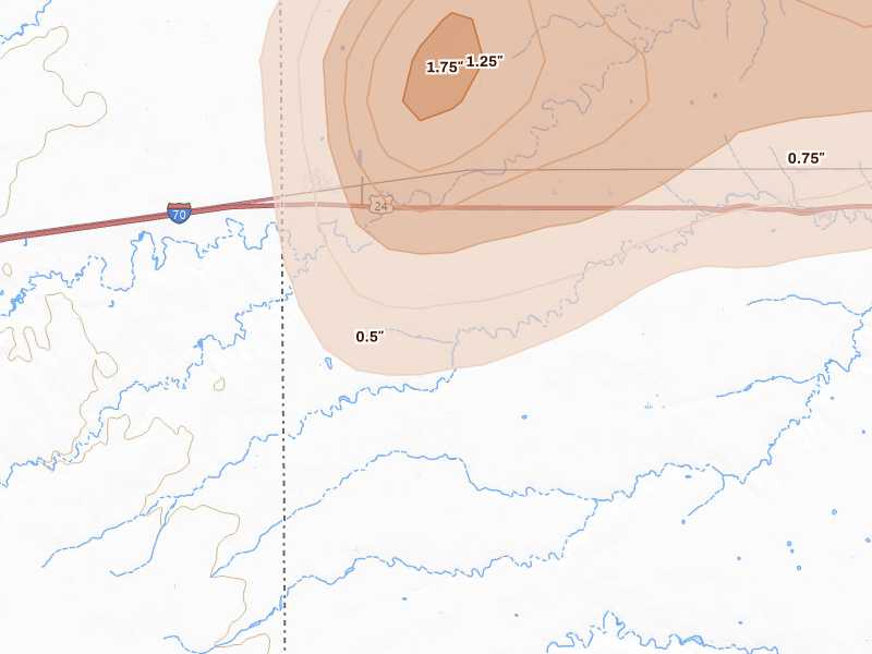 Radar-estimated hail-size map of the storm over Kanorado, KS on May 16, 2026
