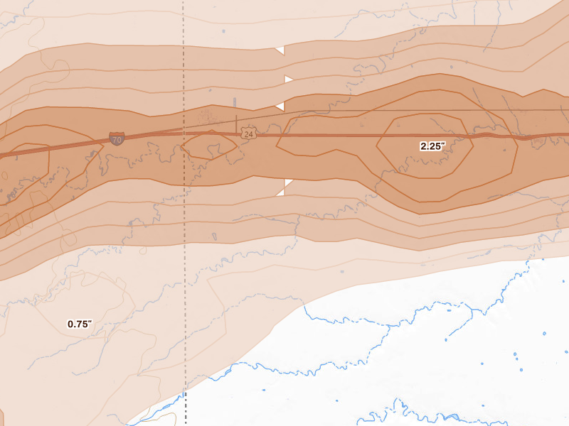 Radar-estimated hail-size map of the storm over Kanorado, KS on Jun 8, 2026
