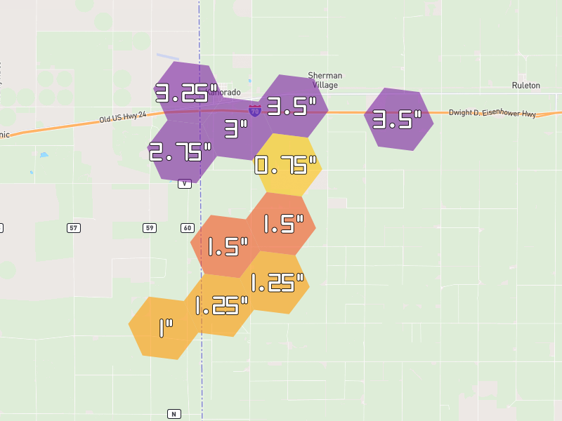 Hail map of Kanorado, KS on Jun 9, 2026, hail up to 3.5"