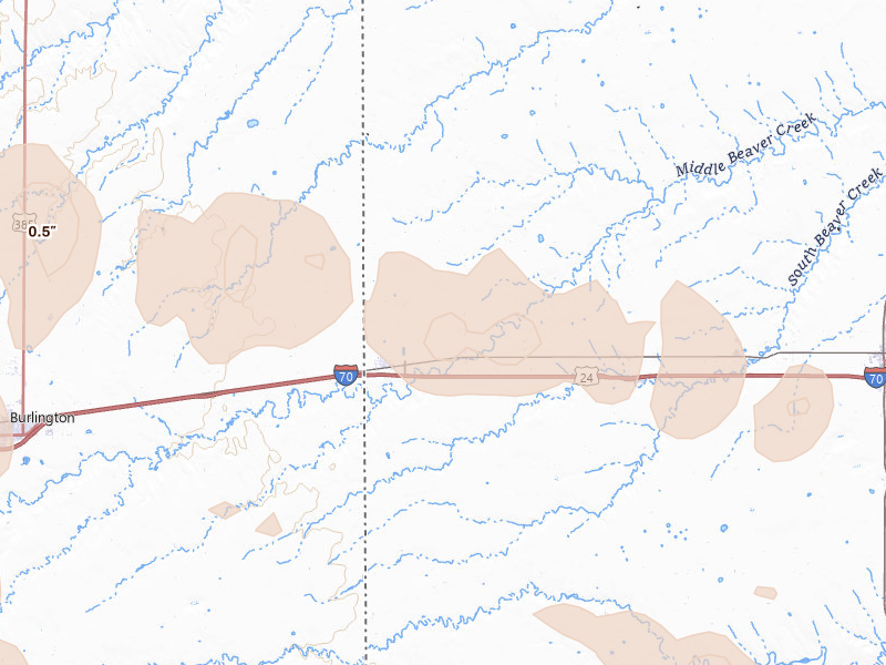 Radar-estimated hail-size map of the storm over Kanorado, KS on Aug 19, 2026