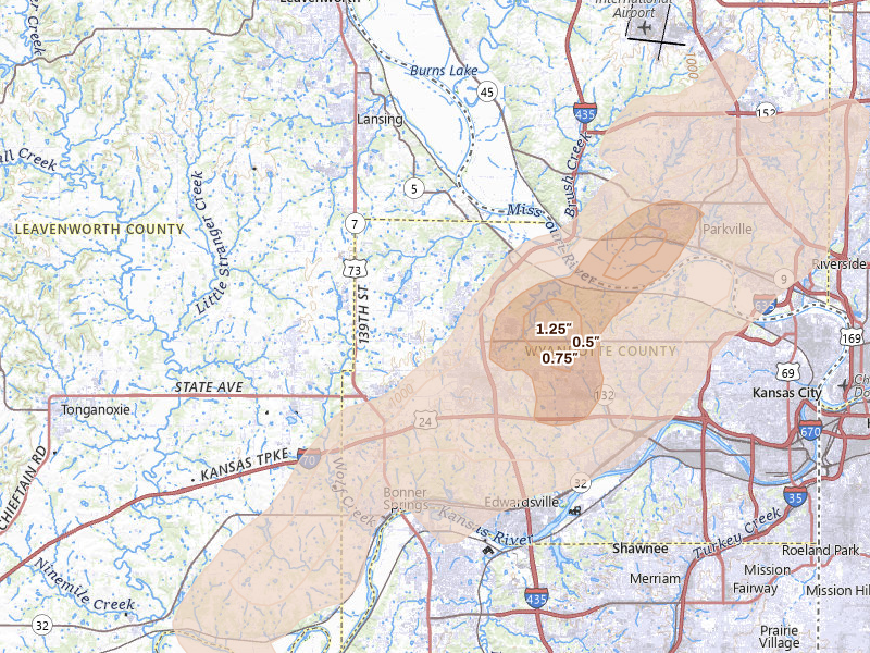 Radar-estimated hail-size map of the storm over Kansas City, KS on Mar 10, 2026