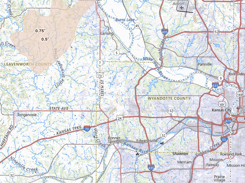 Radar-estimated hail-size map of the storm over Kansas City, KS on Apr 23, 2026