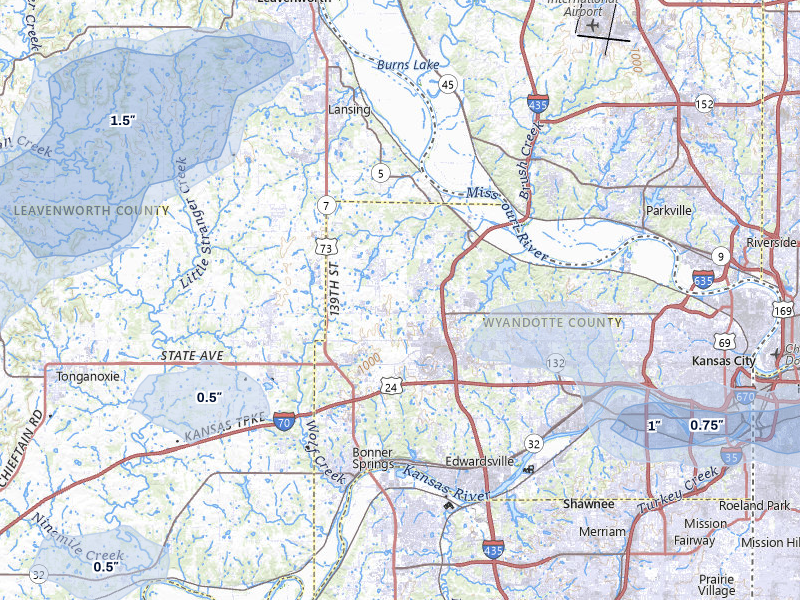 NEXRAD radar-signature map of the hail over Kansas City, KS