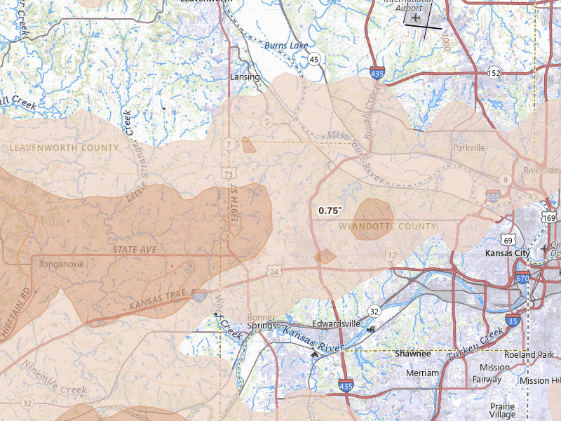 Radar-estimated hail-size map of the storm over Kansas City, KS on Apr 26, 2026