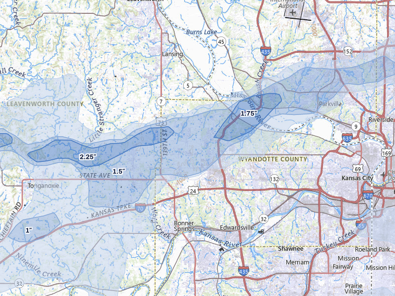 NEXRAD radar-signature map of the hail over Kansas City, KS