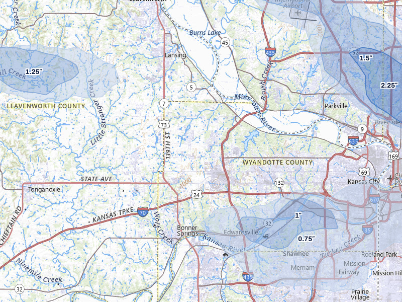 NEXRAD radar-signature map of the hail storm over Kansas City, KS on May 31, 2026