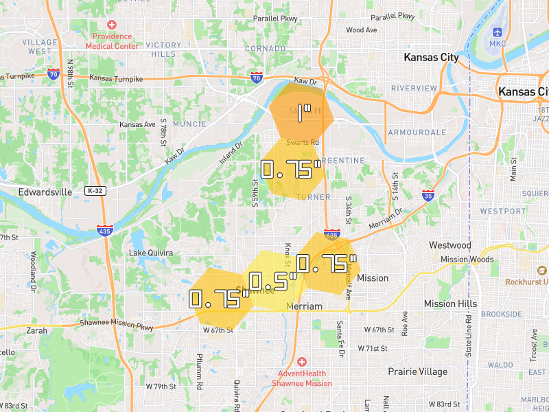 Hail map of Kansas City, KS on Jun 1, 2026, hail up to 1"