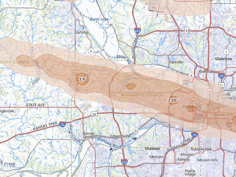 Radar-estimated hail-size map of the storm over Kansas City, KS on Aug 18, 2026