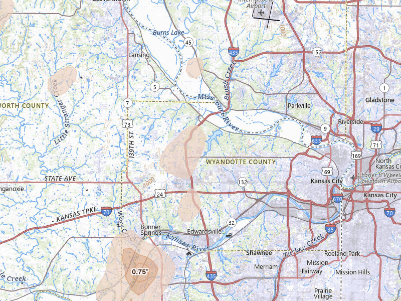 Radar-estimated hail-size map of the storm over Kansas City, KS