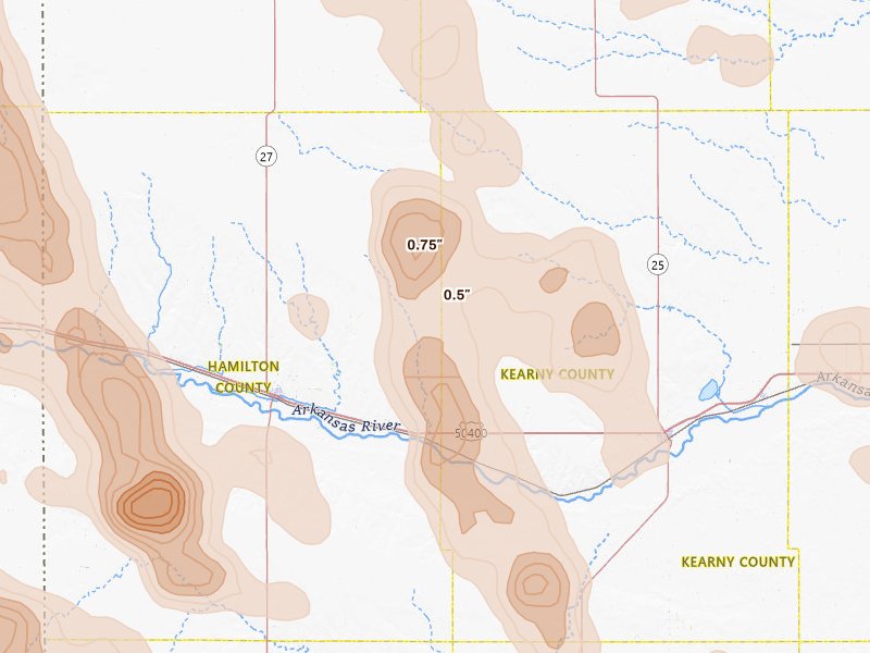 Radar-estimated hail-size map of the storm over Kendall, KS
