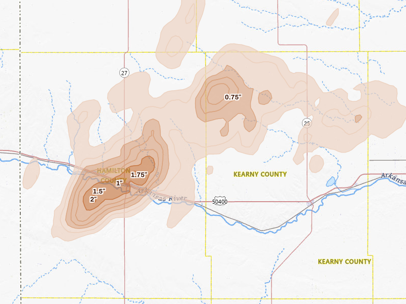 Radar-estimated hail-size map of the storm over Kendall, KS on Jul 1, 2026