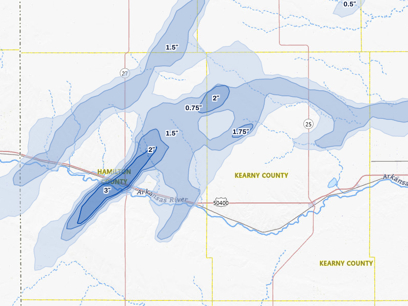 NEXRAD radar-signature map of the hail storm over Kendall, KS on Jul 1, 2026