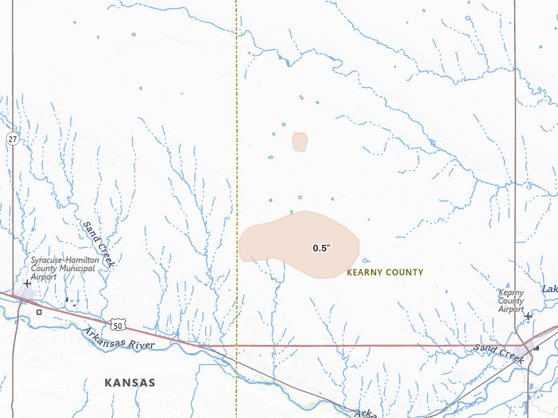 Radar-estimated hail-size map of the storm over Kendall, KS on Aug 9, 2026