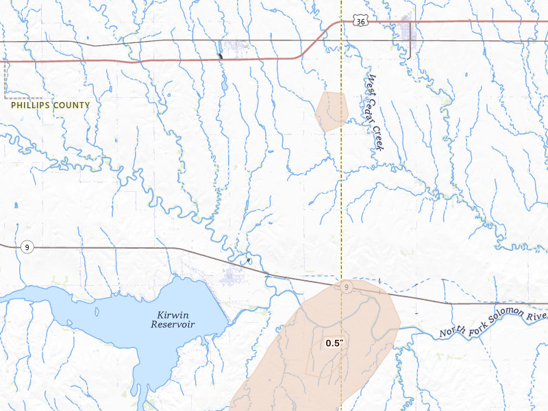 Radar-estimated hail-size map of the storm over Kensington, KS on Apr 10, 2026