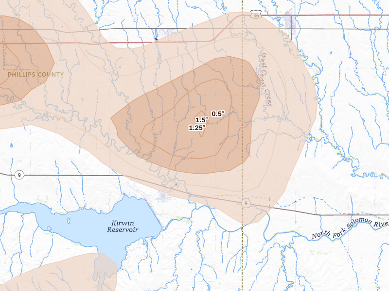 Radar-estimated hail-size map of the storm over Kensington, KS on Jun 8, 2026