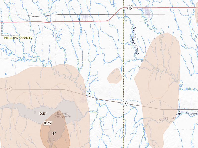 Radar-estimated hail-size map of the storm over Kensington, KS on Jul 1, 2026